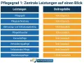 Übersicht der Leistungen für Pflegegrad 1: Pflegegeld, Pflegesachleistung, Betreuungs- und Entlastungsbeitrag (131€/monatlich), Pflegehilfsmittel (42€/monatlich) und Überleitungspflege (1.854€/monatlich).
