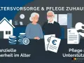 Älteres Paar mit Münzen und Dokumenten. Die Grafik thematisiert Altersvorsorge und Pflege zu Hause, zeigt finanzielle Sicherheit und Unterstützung. Ja, kann jemand mit Pflegestufe jemanden pflegen.