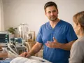 Ein Arzt erklärt einer Frau den Zustand eines beatmeter Patienten, der an lebenserhaltende Geräte angeschlossen ist.