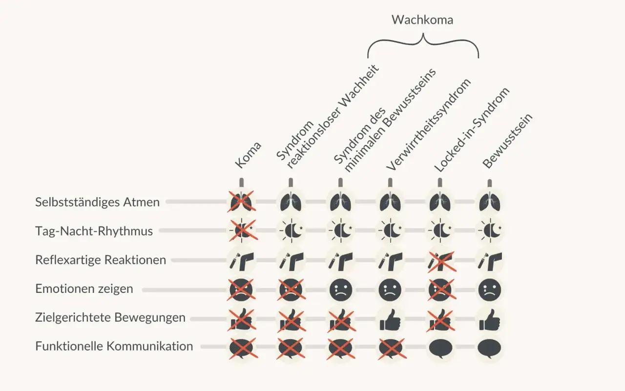 Schema zeigt verschiedene Zustände von Wachkoma-Patienten, von Koma bis Bewusstsein, mit Symbolen für Atmung, Rhythmus, Reaktionen, Emotionen, Bewegungen und Kommunikation.