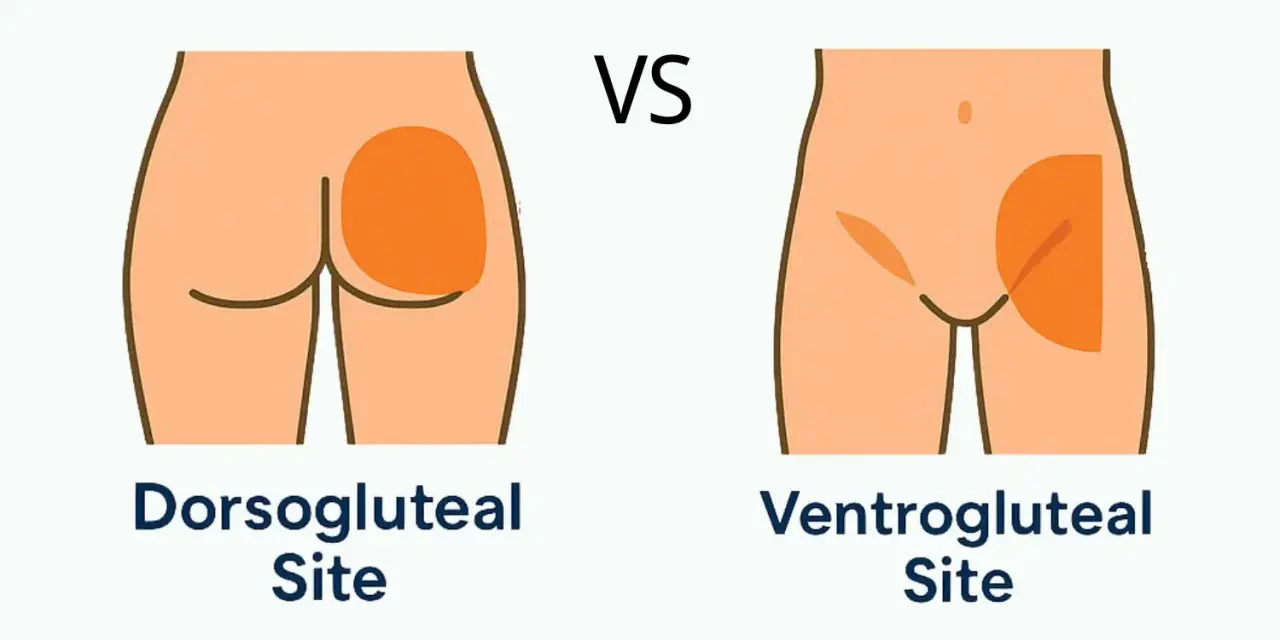 Vergleich von subkutan injektion orte: Dorsogluteal vs. Ventrogluteal. Illustration zeigt die Injektionsbereiche am Gesäß.
