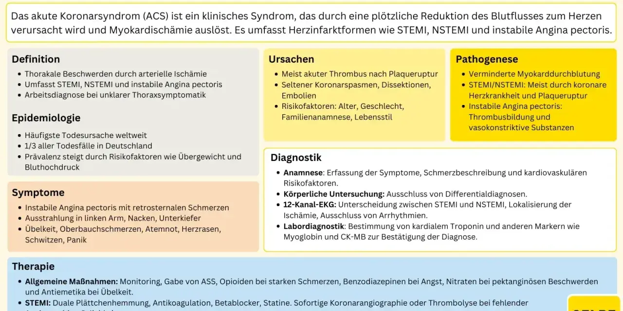 Akutes Koronarsyndrom (ACS) mit Symptomen wie Brustschmerz, Ausstrahlung, Übelkeit, Atemnot. Ursachen, Pathogenese, Diagnostik & Therapie.