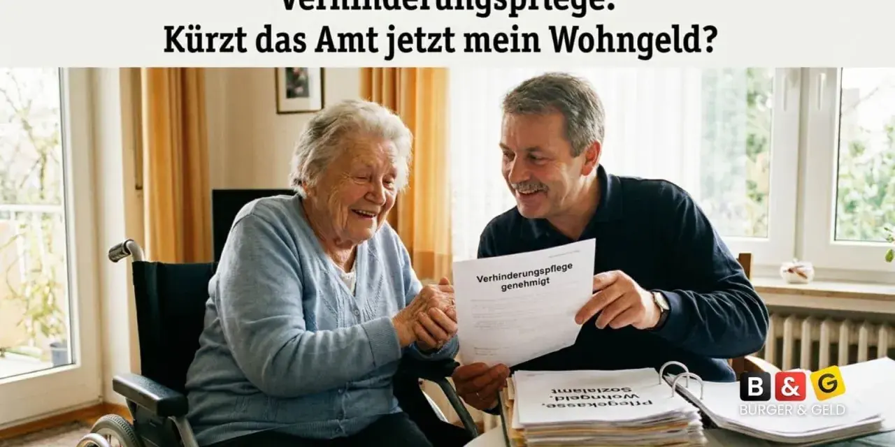 Ein Mann zeigt einer älteren Frau in einem Rollstuhl ein genehmigtes Formular zur Verhinderungspflege. Die Frage ist, ob dies die Grundsicherung beeinflusst.