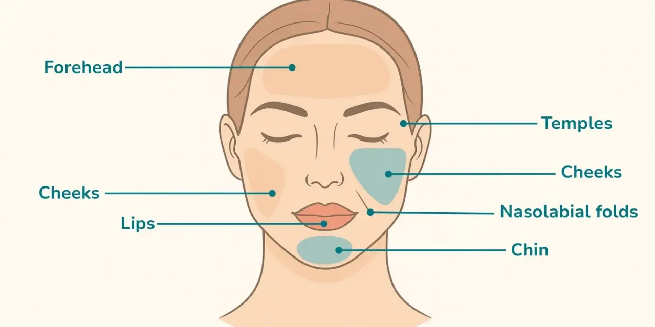 Gesichtspartien, die für Behandlungen wie Filler oder Botox in Frage kommen: Stirn, Schläfen, Wangen, Lippen, Nasolabialfalten und Kinn. Hier wird gezeigt, wohin spritzen.