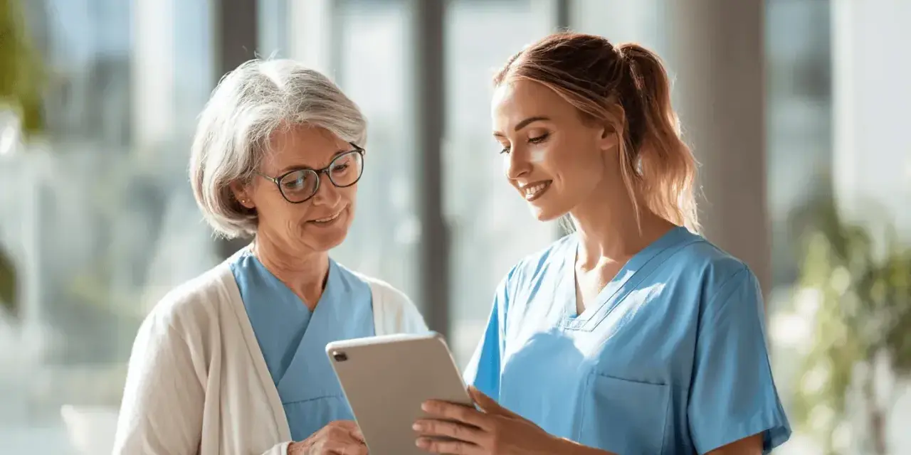 Zwei medizinische Fachkräfte, eine ältere Frau mit Brille und eine jüngere Frau mit Pferdeschwanz, besprechen etwas auf einem Tablet. Sie sind beide in blauen Kitteln gekleidet. Die Frage, wer darf Infusionen legen, wird hier vielleicht gerade geklärt.