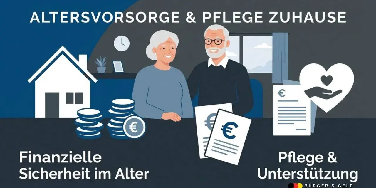 Älteres Paar mit Münzen und Dokumenten. Die Grafik thematisiert Altersvorsorge und Pflege zu Hause, zeigt finanzielle Sicherheit und Unterstützung. Ja, kann jemand mit Pflegestufe jemanden pflegen.
