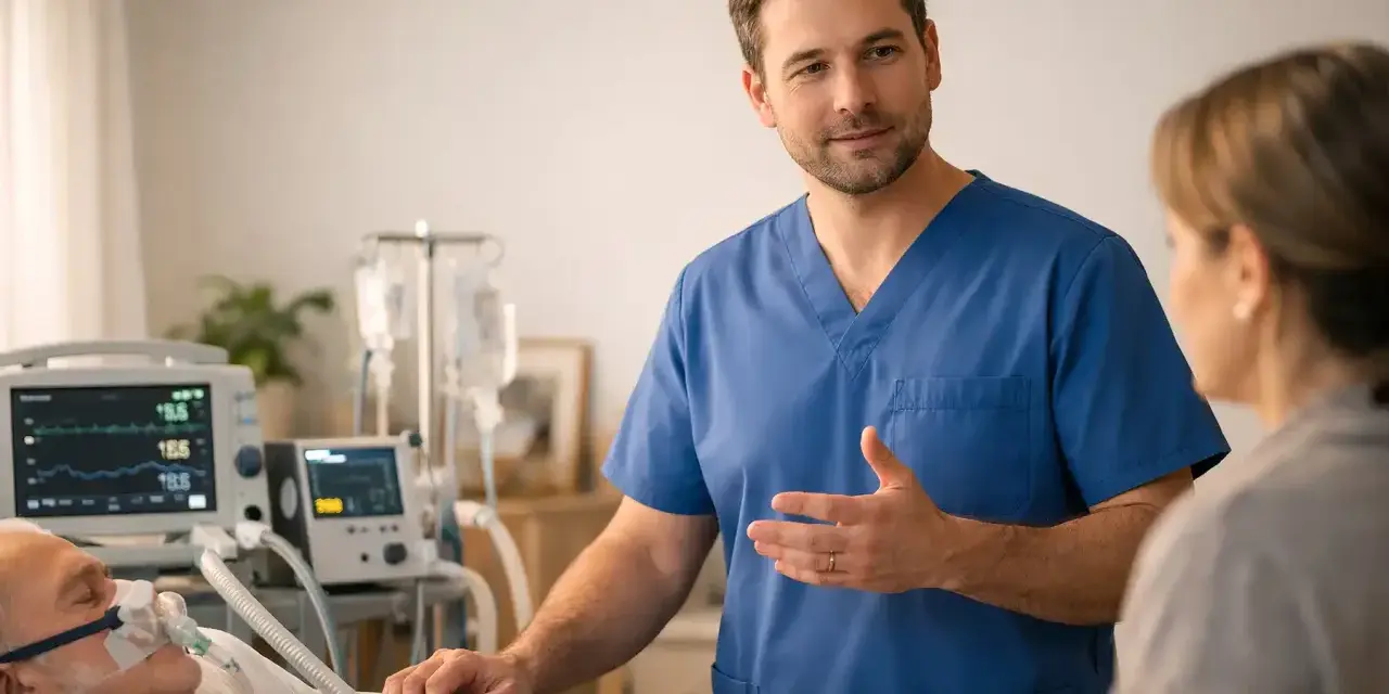 Ein Arzt erklärt einer Frau den Zustand eines beatmeter Patienten, der an lebenserhaltende Geräte angeschlossen ist.