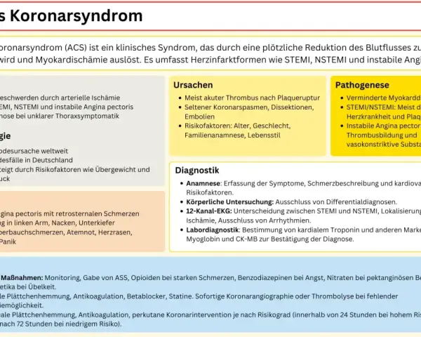 Akutes Koronarsyndrom (ACS) mit Symptomen wie Brustschmerz, Ausstrahlung, Übelkeit, Atemnot. Ursachen, Pathogenese, Diagnostik & Therapie.