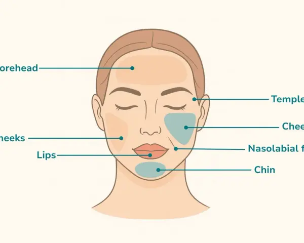 Gesichtspartien, die für Behandlungen wie Filler oder Botox in Frage kommen: Stirn, Schläfen, Wangen, Lippen, Nasolabialfalten und Kinn. Hier wird gezeigt, wohin spritzen.