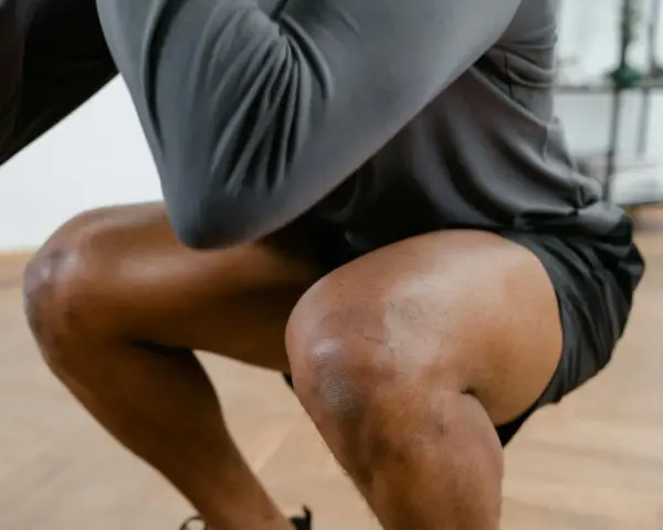 Mann in Sportkleidung macht Kniebeugen. Bei Schmerzen in der Kniekehle welcher Arzt ist der richtige Ansprechpartner?