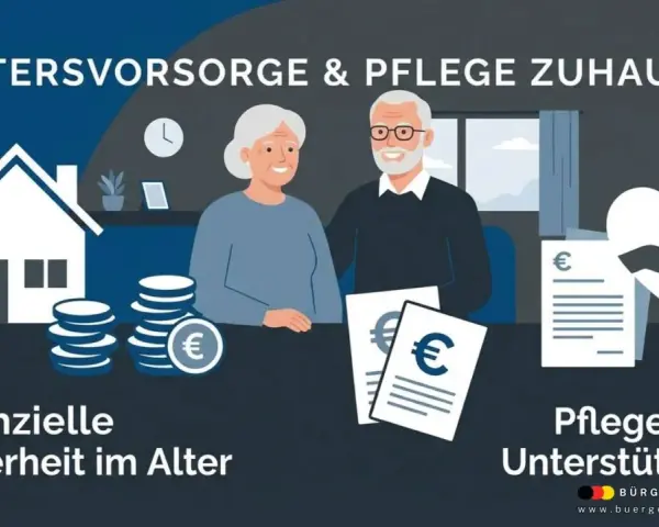 Älteres Paar mit Münzen und Dokumenten. Die Grafik thematisiert Altersvorsorge und Pflege zu Hause, zeigt finanzielle Sicherheit und Unterstützung. Ja, kann jemand mit Pflegestufe jemanden pflegen.