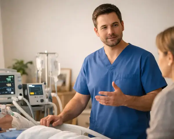 Ein Arzt erklärt einer Frau den Zustand eines beatmeter Patienten, der an lebenserhaltende Geräte angeschlossen ist.