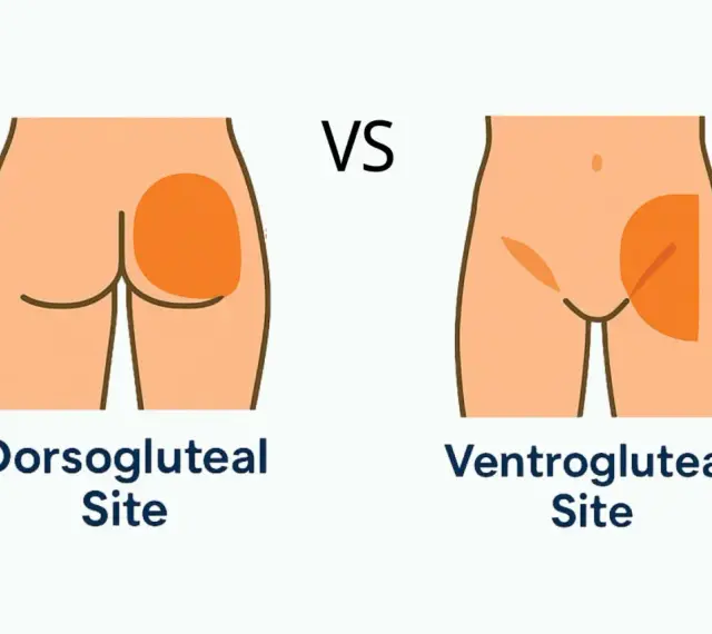 Vergleich von subkutan injektion orte: Dorsogluteal vs. Ventrogluteal. Illustration zeigt die Injektionsbereiche am Gesäß.
