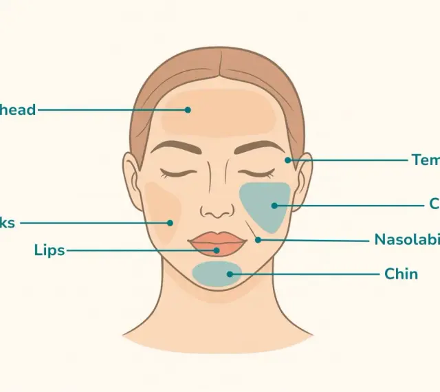 Gesichtspartien, die für Behandlungen wie Filler oder Botox in Frage kommen: Stirn, Schläfen, Wangen, Lippen, Nasolabialfalten und Kinn. Hier wird gezeigt, wohin spritzen.