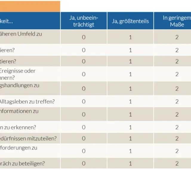 Tabelle mit Fragen zur Selbsteinschätzung von Fähigkeiten, wie z.B. Personen erkennen. Ein Muster für ein mdk gutachten.