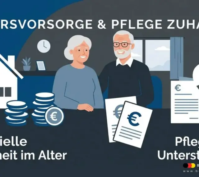 Älteres Paar mit Münzen und Dokumenten. Die Grafik thematisiert Altersvorsorge und Pflege zu Hause, zeigt finanzielle Sicherheit und Unterstützung. Ja, kann jemand mit Pflegestufe jemanden pflegen.