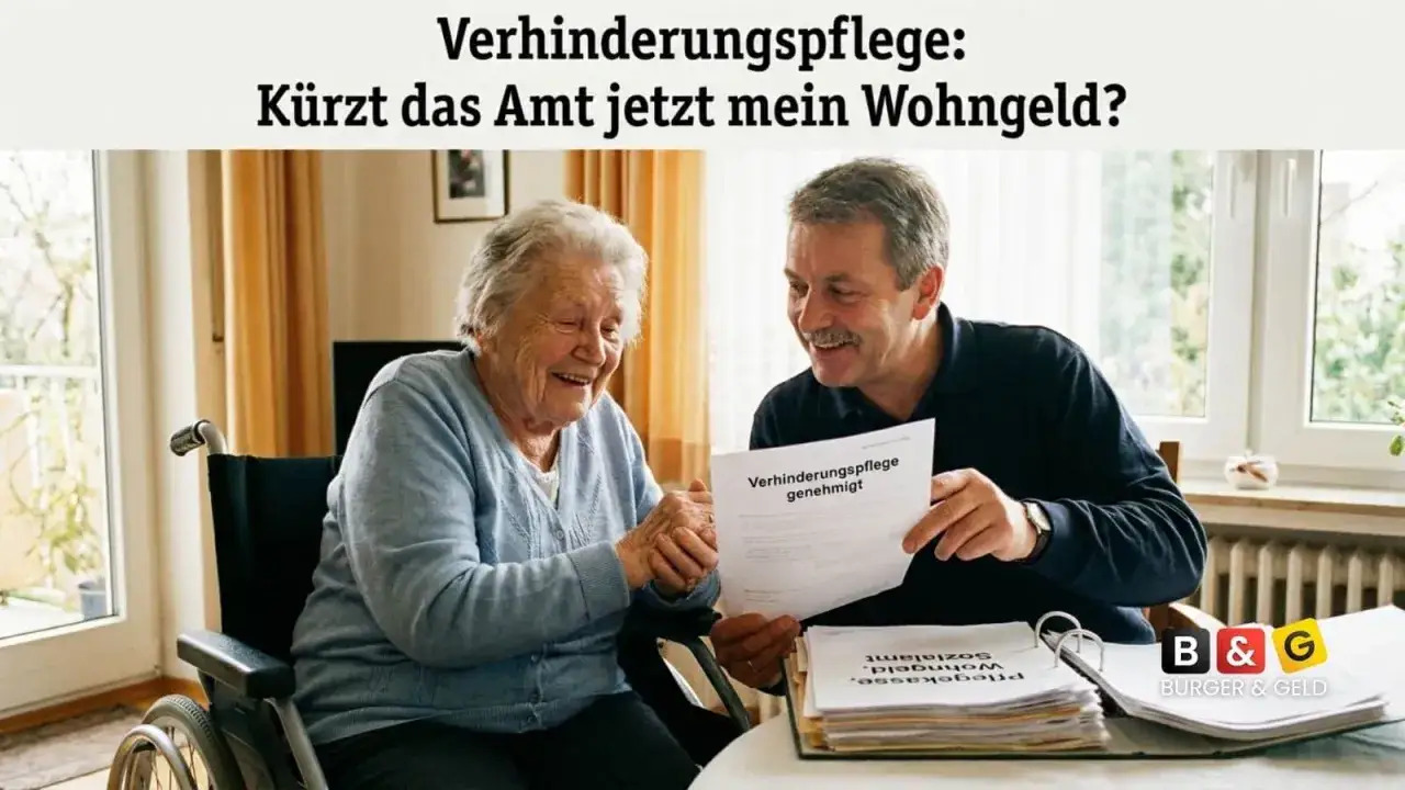 Ein Mann zeigt einer älteren Frau in einem Rollstuhl ein genehmigtes Formular zur Verhinderungspflege. Die Frage ist, ob dies die Grundsicherung beeinflusst.