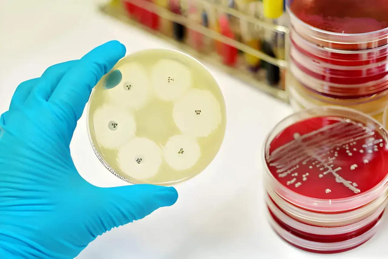 Blauer Handschuh hält Petrischale mit Antibiotika-Scheiben für MRSA-Test. Daneben rote Agarplatten.