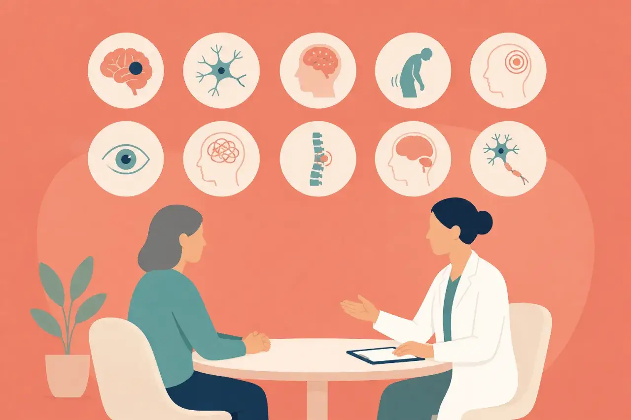 Arztgespräch über Gesundheitsprobleme, wenn alte Menschen viel schlafen. Icons zeigen Gehirn, Nerven, Augen, Wirbelsäule.