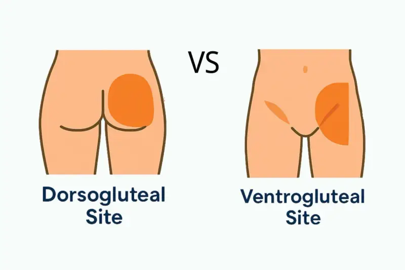 Vergleich von subkutan injektion orte: Dorsogluteal vs. Ventrogluteal. Illustration zeigt die Injektionsbereiche am Gesäß.
