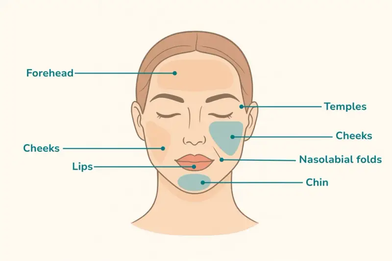 Gesichtspartien, die für Behandlungen wie Filler oder Botox in Frage kommen: Stirn, Schläfen, Wangen, Lippen, Nasolabialfalten und Kinn. Hier wird gezeigt, wohin spritzen.