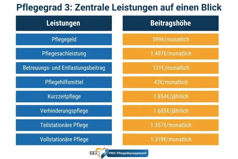 Übersicht der Leistungen bei Pflegegrad 3. Der Zeitaufwand für Pflege ist hier nicht direkt aufgeführt, aber die finanziellen Beiträge für Pflegegeld, Sachleistungen, Hilfsmittel etc. werden gezeigt.