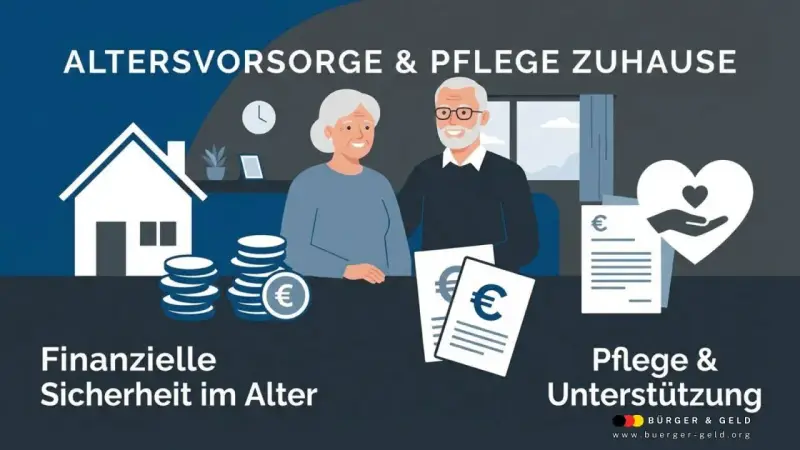 Älteres Paar mit Münzen und Dokumenten. Die Grafik thematisiert Altersvorsorge und Pflege zu Hause, zeigt finanzielle Sicherheit und Unterstützung. Ja, kann jemand mit Pflegestufe jemanden pflegen.