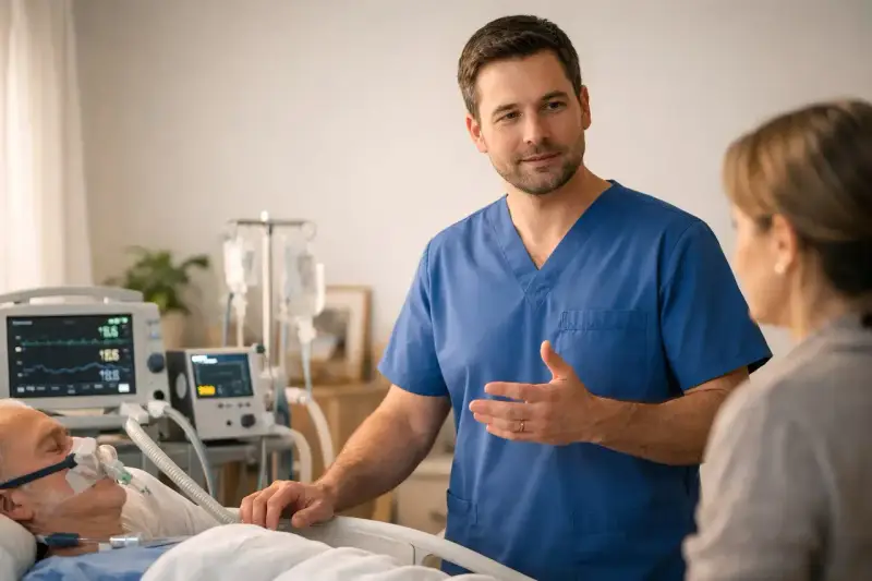 Ein Arzt erklärt einer Frau den Zustand eines beatmeter Patienten, der an lebenserhaltende Geräte angeschlossen ist.